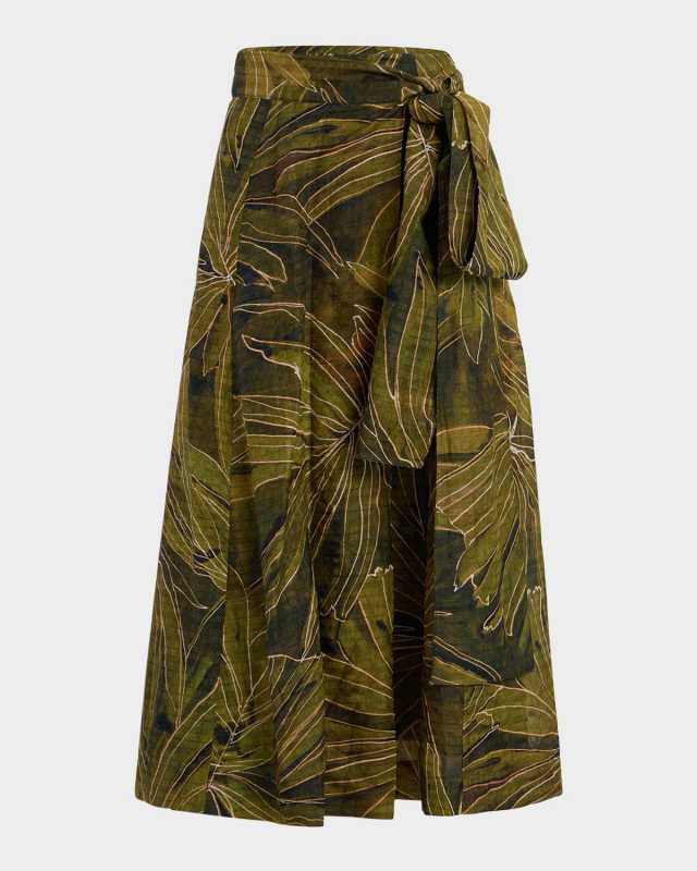 Estine Palm Leaf-Print Midi Wrap Skirt